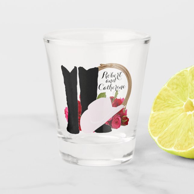 Western Wedding Cowboy Boots Hat Roses Personalize Shot Glass (Front)