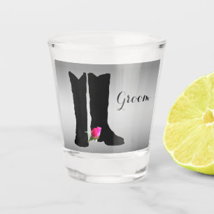 Western Wedding Cowboy Boots Pink Rose  Groom Shot Glass