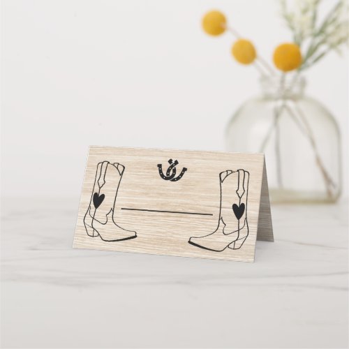 Western Wedding Cowboy Boots Rustic Brown Wood Place Card