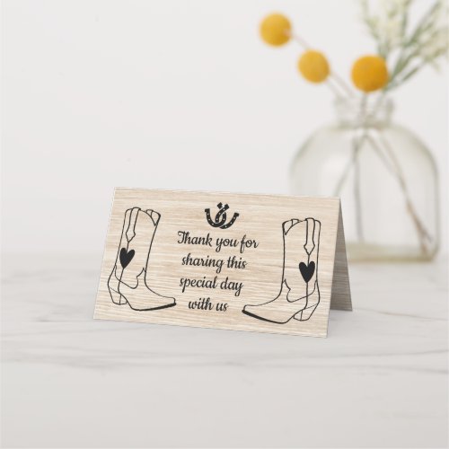 Western Wedding Cowboy Boots Rustic Brown Wood Place Card