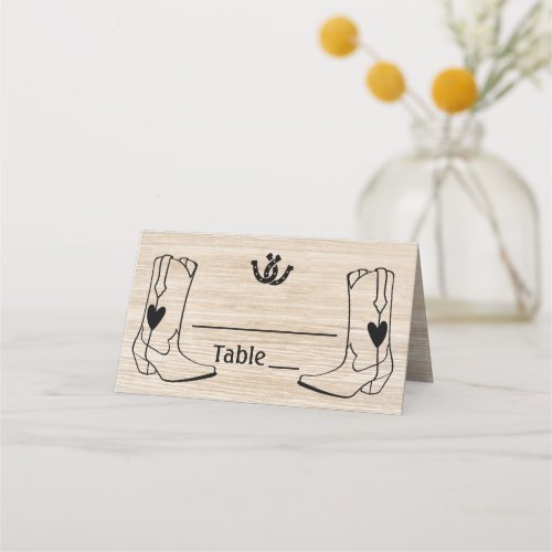 Western Wedding Cowboy Boots Rustic Brown Wood Place Card