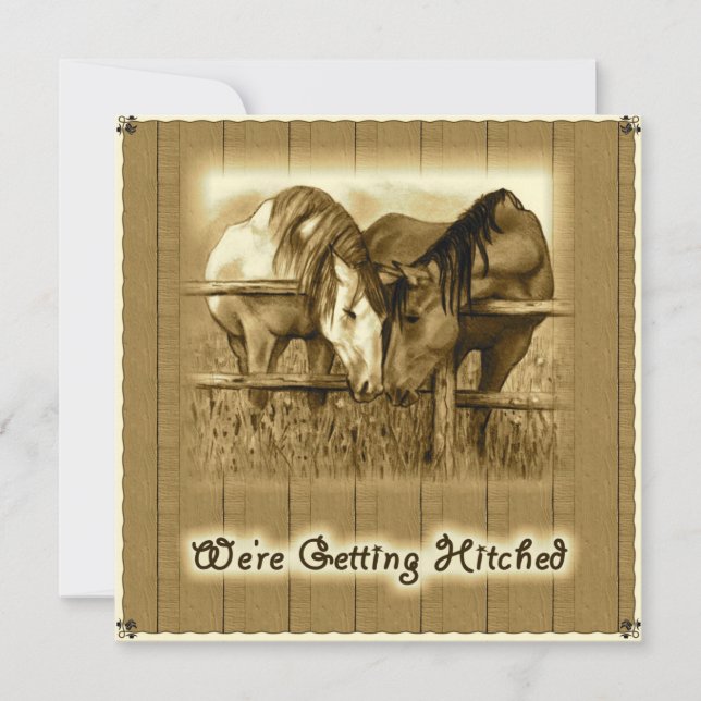 Western Wedding: Getting Hitched: Horses, Sepia Invitation (Front)