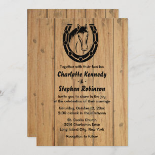 Western Wedding Horse Country Brown Wood Horseshoe Invitation