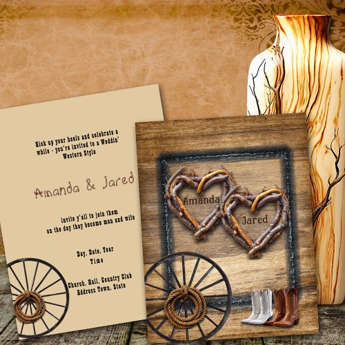  Western Wedding Twig Frames Boots Wagon Wheel  Invitation