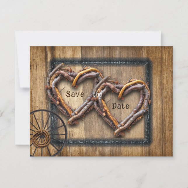  Western Wedding Twig Frames, Wagon Wheel , Lasso Save The Date (Front)