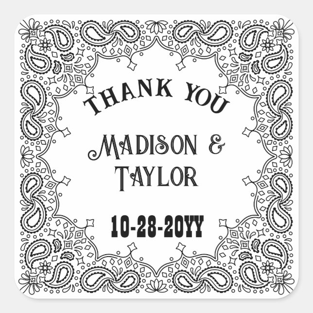 Western Wedding White Bandana Thank You Favor Square Sticker (Front)