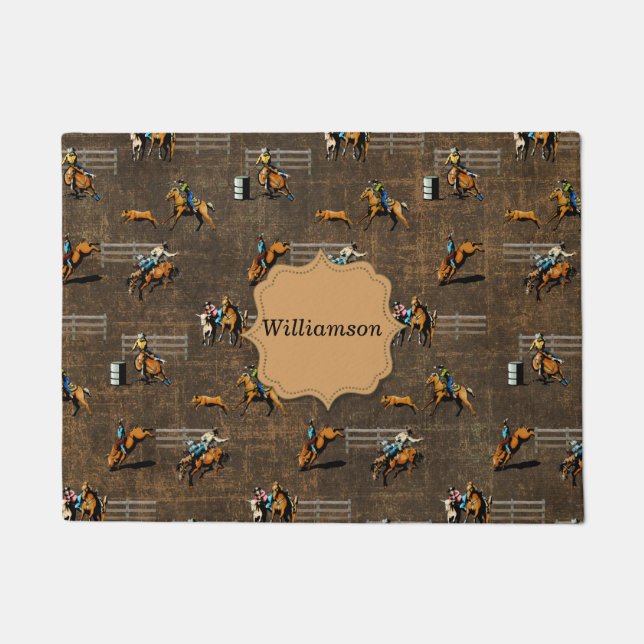 Western Welcome Rodeo Events On Brown Personalize Doormat (Front)