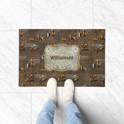 Western Welcome Rodeo Events On Brown Personalize Doormat