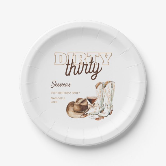 Western White Dirty Thirty 30th Birthday Party Paper Plates (Front)