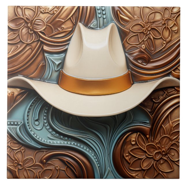 Western White Ranch Cowboy Hat Ceramic Tile (Front)
