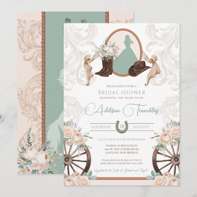 Western White Rose Floral Sage Green Bridal Shower Invitation (Front/Back)