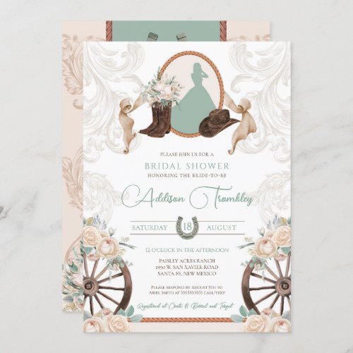 Western White Rose Floral Sage Green Bridal Shower Invitation