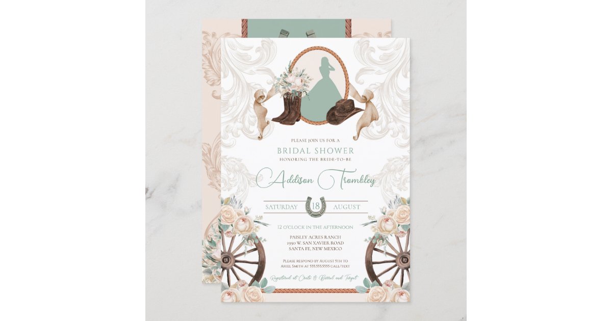 Western White Rose Floral Sage Green Bridal Shower Invitation