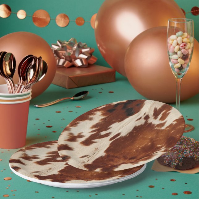 Western White Spotted Brown Black Cowhide Paper Plates (Multi)