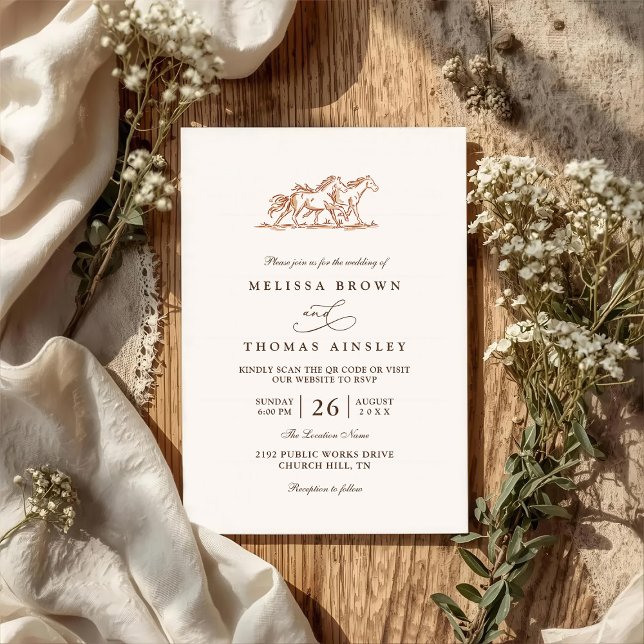 Western Wild Horses Rustic Country QR Code Wedding Invitation (Creator Uploaded)