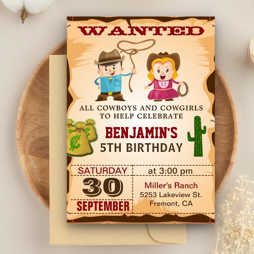 Western Wild West Wanted Cowboy Birthday Party Invitation