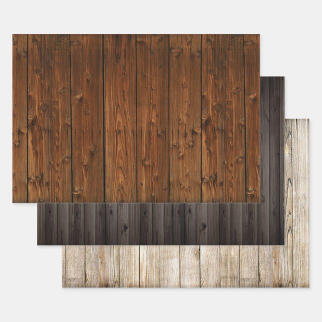 Western wood background woodgrain trio wrapping paper sheets (Set)