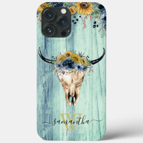 Western Wood Cow Skull Cowboy Blue Sunflower  Case