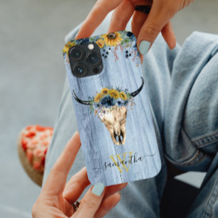 Western Wood Cow Skull Cowboy Blue Sunflower iPhone 13 Pro Max Case