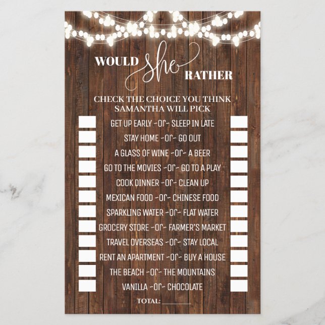 Western Would She Rather Bridal Shower Game Flyer (Front)