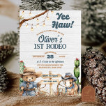 Western Yeehaw Bear Cowboy First Rodeo Birthday Invitation<br><div class="desc">Blue Bear Cowboy First Rodeo Birthday Party,  Cowboy Desert Cactus Kids Birthday Invitation,  Wild West Cowboy Birthday Party,  Western Pony Kids Birthday Party,  Cowgirls First Rodeo Birthday Party,  Cowboys Country Rodeo Birthday Invitation.</div>
