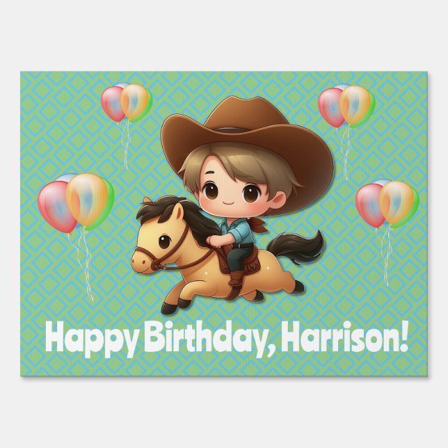 Western Young Cowboy on Horseback Birthday Sign (Front)