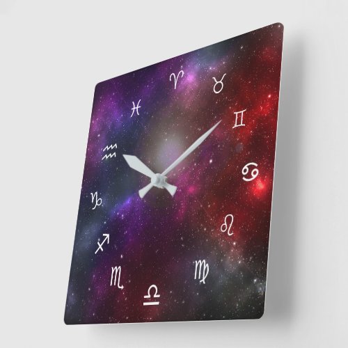 Western Zodiac Symbols on a Cosmic Starfield Square Wall Clock