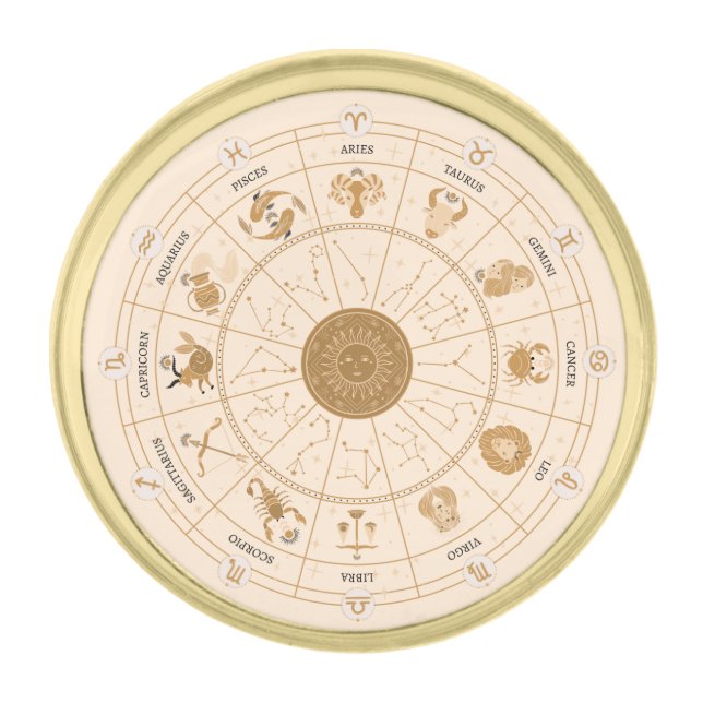Western Zodiac Wheel - Gold Finish Lapel Pin (Front)