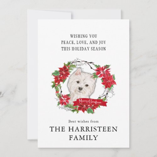 Westhighland Terrier Watercolor Poinsettia Wreath Holiday Card