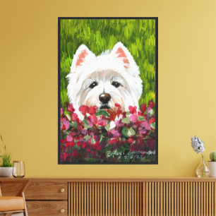 Westie and Pink Flowers Canvas Print