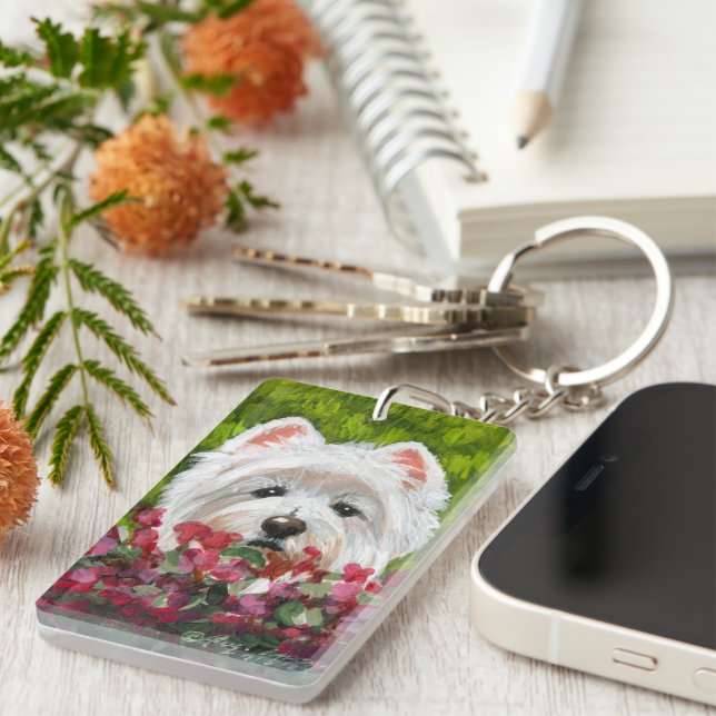 Westie and Pink Flowers Keychain (Front Right)