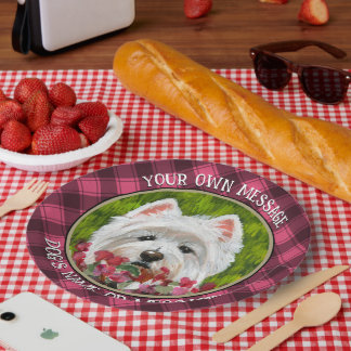 Westie and Pink Flowers Paper Plates