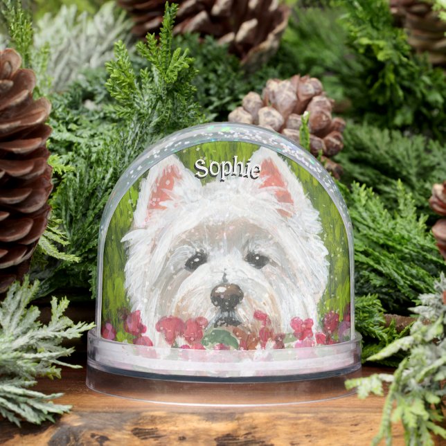 Westie and Pink Flowers Snow Globe (Winter)