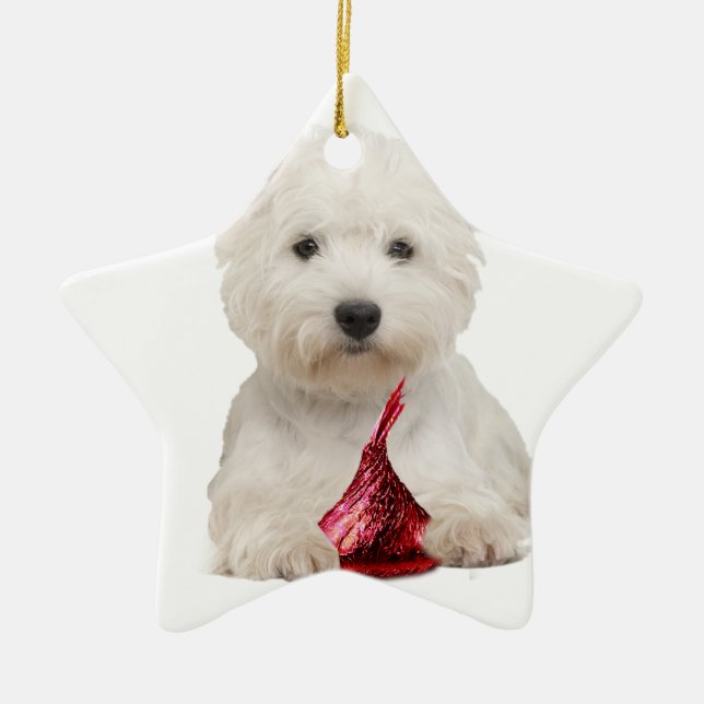 Westie and red candy kiss ceramic ornament (Front)