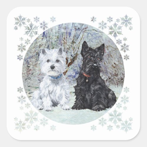 Westie and Scottie in Snowy Landscape Square Sticker
