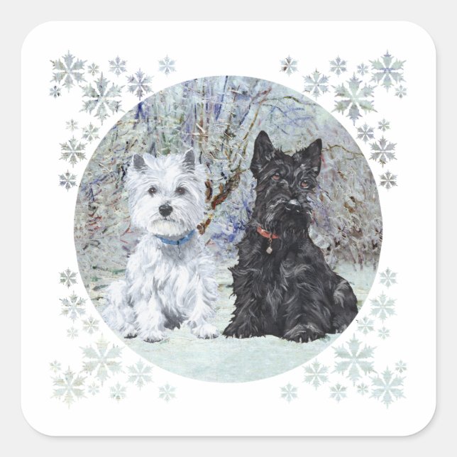Westie and Scottie in Snowy Landscape Square Sticker (Front)