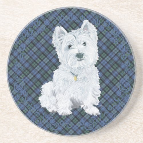 Westie Black Watch Tartan Sandstone Coaster