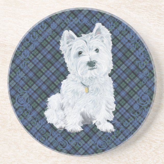 Westie Black Watch Tartan Sandstone Coaster (Front)