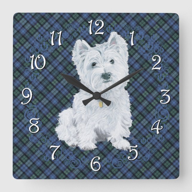 Westie Black Watch Tartan Square Wall Clock (Front)