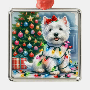 Westie Christmas Lights Holiday Metal Ornament