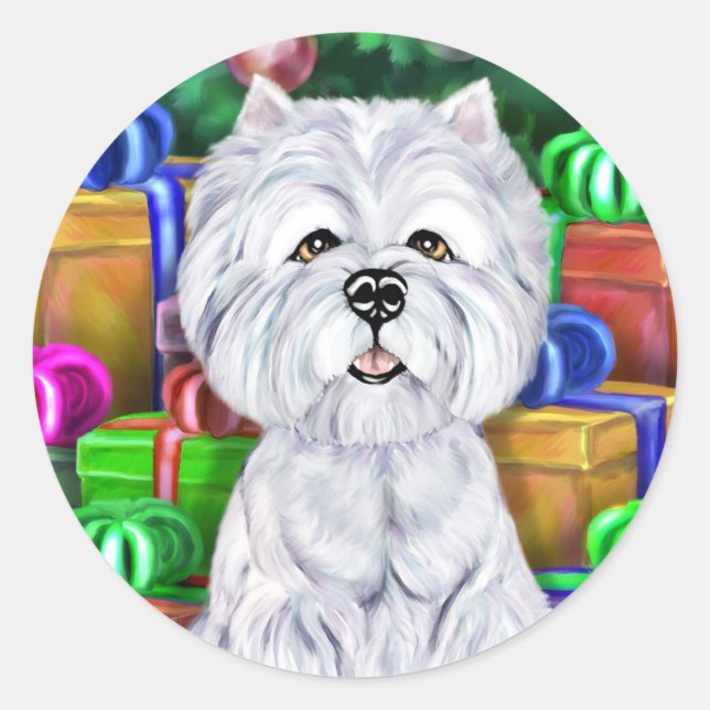 Westie Christmas Open Gifts Classic Round Sticker (Front)