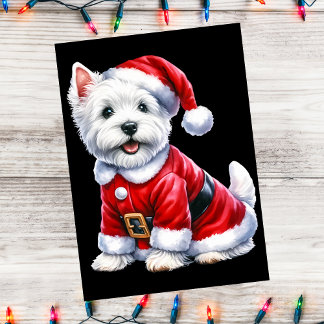 Westie Christmas Santa Suit On Black Holiday Card