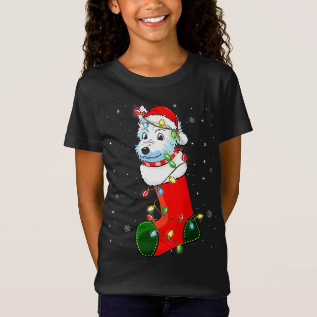Westie Christmas Tree Westie Santa Hat Lights Xmas T-Shirt (Front)