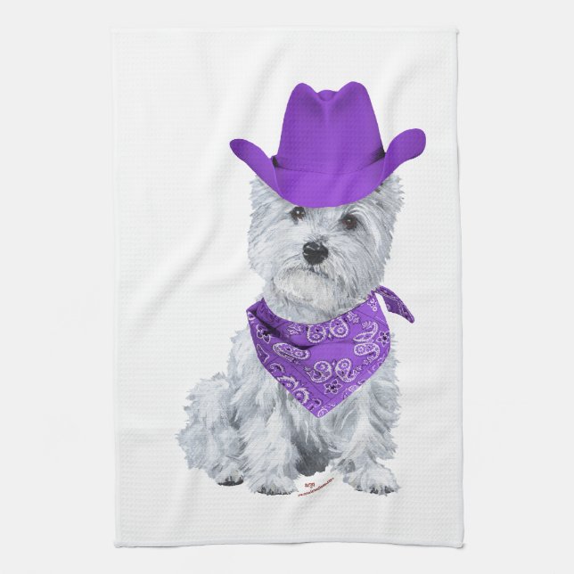 Westie Cowboy in Purple Kitchen Towel (Vertical)
