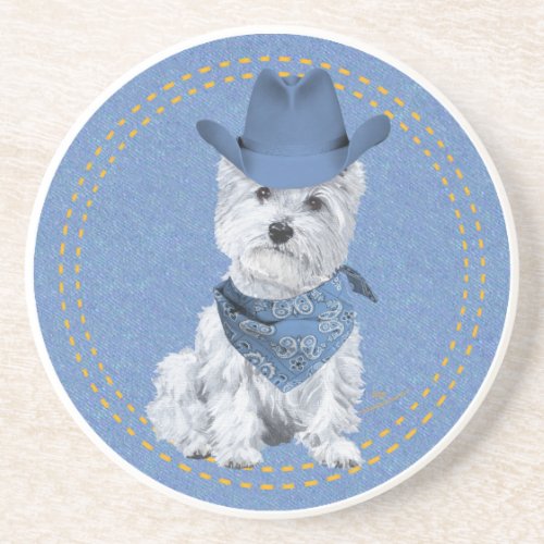 Westie Cowboy on Denim Coaster