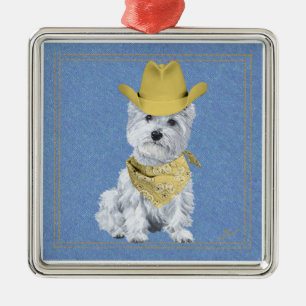 Westie Cowboy on Denim Metal Ornament
