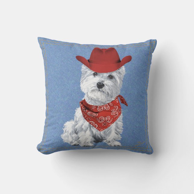 Westie Cowboy on Denim Throw Pillow (Front)
