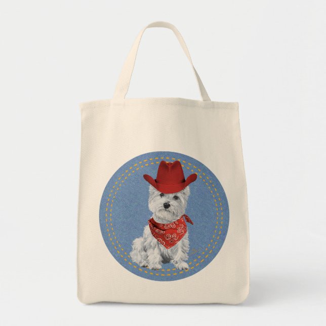 Westie Cowboy on Denim Tote Bag (Front)