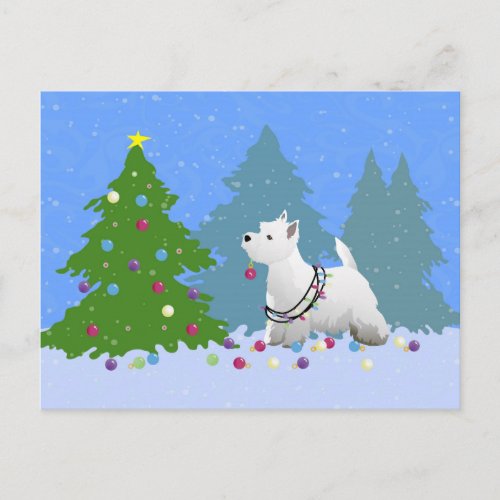 Westie Decorating a Christmas Tree in the Forest Holiday Postcard