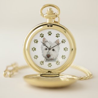 Westie Dog Art and Paws Gold Pocket Watch